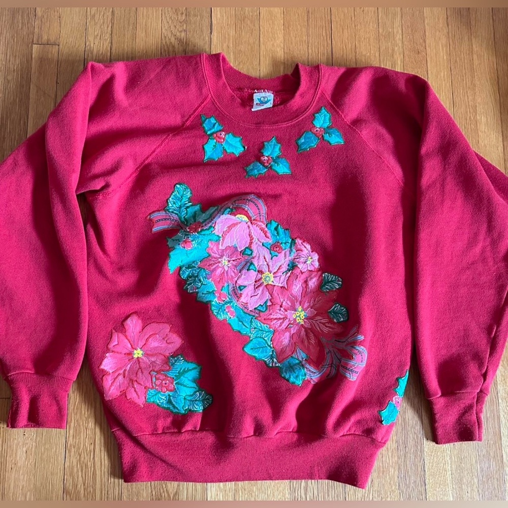 Vtg Red Poinsetta Sweatshirt, Size Large